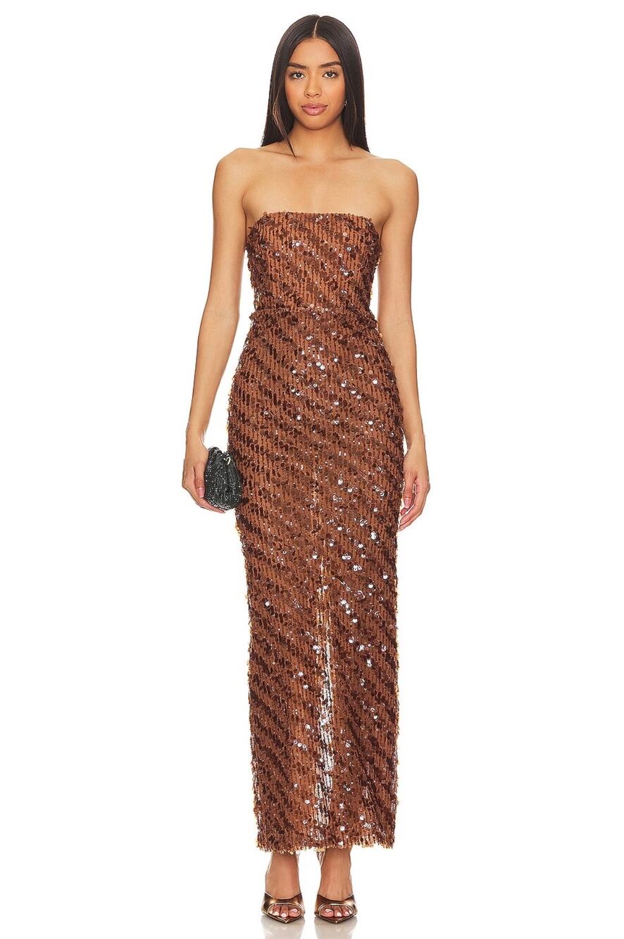 NEW Camila Coelho Cartagena Maxi Dress in Caramel Brown Sequin Size XS